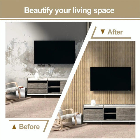 Before and after comparison showing Effortless Peel And Stick 3D Wall Panels Self Adhesive Soundproof Removable PVC Slat Tiles Dark Brown Wood Grain.