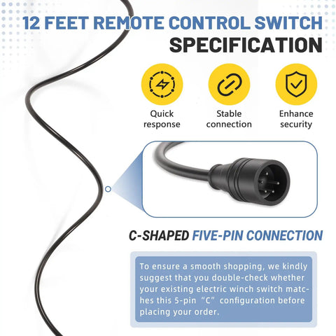 5 Pin Winch Remote Switch Cable For Electric Winches 5000 9000 12000 12 Foot Cord 5 Prong Hand Wired Controller Plug And Play Replacement Or Upgrade For UTV ATV Winches, 12 ft black cable with 5-pin C connector