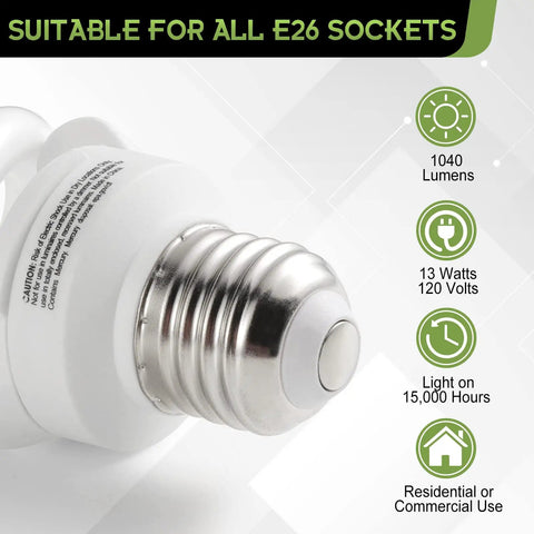 Soft White 2700K E26 Spiral CFL Light Bulbs 13W 60W Equivalent, 1040 Lumens, Non Dimmable, Medium Base, 3 Pack specifications
