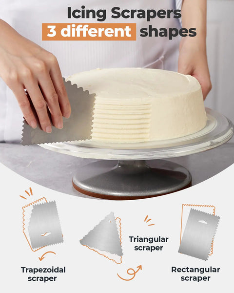 Human hand using trapezoidal scraper on cake on Aluminum Cake Turntable Set With Revolving 12 Inch Cake Stand For Decorating Includes 12.7 Inch Offset Spatula And Three Stainless Steel Icing Smoothing Tools Non Slip Base Pro Style Cake Decorating Kit For Home Bakers