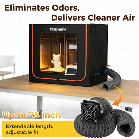 Extra Large Resin 3D Printer Enclosure With Ventilation System And LED Light on table, vent tube extended, maintains odor control