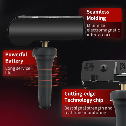 Ford F Series TPMS Sensors Pre Programmed Replacement For F150 F250 F350 And Escape OE Spec 9L3Z-1A189-A No Hassle Install Ready To Activate With Scan Tool For Accurate Tire Pressure Monitoring. close-up black sensor with stem