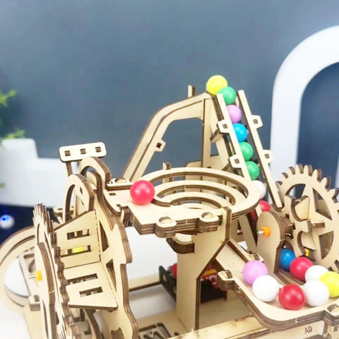 3D Wooden Roller Coaster Puzzle With Hands On Motorized Marble Run Kit Featuring Gears And Tracks, Laser Cut Wood Construction