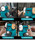 Cordless Electric Bench Grinder With 2 Wheels For Metal Polishing And Deburring. Tool sharpening and metal polishing shown.