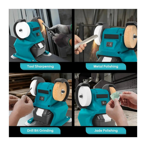 Cordless Electric Bench Grinder With 2 Wheels For Metal Polishing And Deburring. Tool sharpening and metal polishing shown.