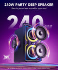 Beast 240W Peak Bluetooth Party Speaker with Deep Bass and LED lights on a purple background