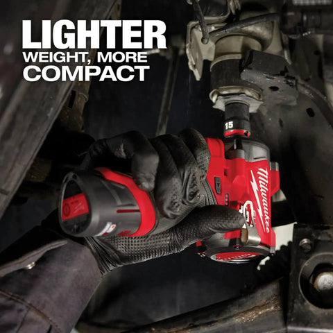 Stubby Half Inch Cordless Impact Wrench, Ultra-Compact 4.9 Inch Length, 250 Ft-Lbs Breakaway Torque in use under vehicle