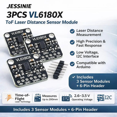 Three VL6180X ToF Laser Distance Sensor Modules With I2C Interface 2.6 to 3.5 V Power Short Range Proximity And Absolute Distance Up To 200 Mm Great For Robotics Makers And Hobby Electronics Nerds, 3 black boards