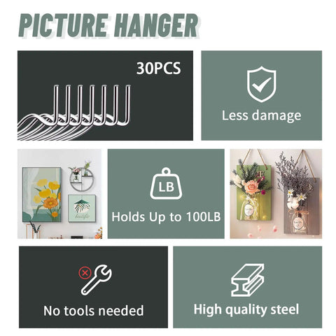 30 Piece Heavy Duty Picture Hangers Drywall Hooks For Hanging Frames Decor Tool Free Wall Mounts For Shelves Mirrors Art Clocks Easy No Hassle Setup Rock Solid Grip