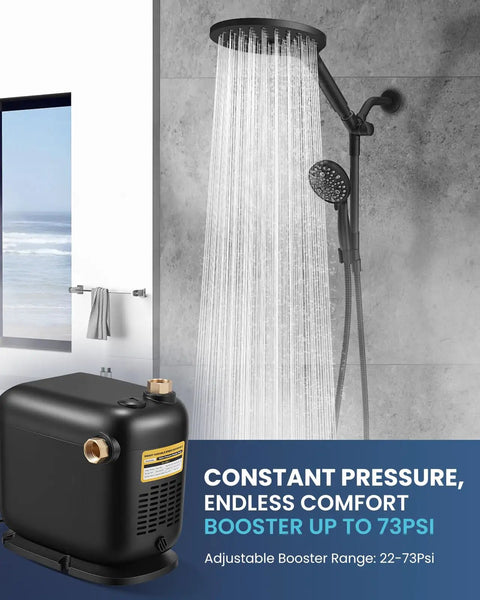 Whole Home Water Pressure Booster Pump With 70 Psi Adjustable Speed Constant Pressure Motor Low Noise Easy Install Perfect For Home Apartment Or Garden Shallow Well Delivers Up To 1268 GPH And 148 Ft Head in bathroom setting with shower.