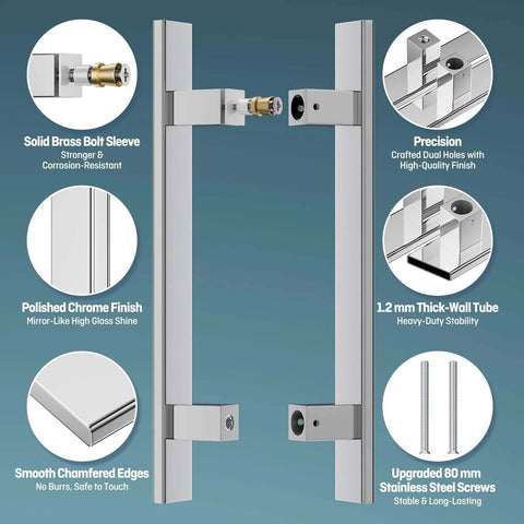 H Shaped 18 Inch Rectangle Push Pull Door Handle Back To Back 304 Stainless Steel Polished Chrome for Barn Doors and Showers