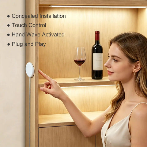 Woman operating Concealed Touch Sensor Lamp Switch With On Off, 120V AC 250W, 6Ft Plug In Cable, installed in wooden cabinet.