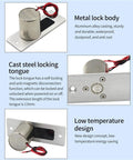 Heavy Duty Drop Bolt Lock And Solenoid Deadbolt With DC12V Power In Fail Safe Mode Made From Premium Zinc Alloy close-up view showing metal body and locking tongue.