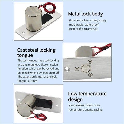 Heavy Duty Drop Bolt Lock And Solenoid Deadbolt With DC12V Power In Fail Safe Mode Made From Premium Zinc Alloy close-up view showing metal body and locking tongue.