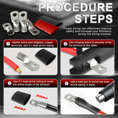 All In One Marine Grade Wire Terminal Kit With Ten 6 AWG Three Eighths Inch Tin Plated Copper Ring Terminals And Ten Pieces Of Three To One Double Wall Self Adhesive Heat Shrink Tubing In Five Red And Five Black Heavy Duty Cable Lugs, step-by-step installation instructions