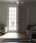 Privacy French Door Curtain Panel For Patio And Front Doors No Drill Easy Install Room Darkening Tie Up Shade With Strong Adhesive Straps W26 By L69 Inches Sand Color installed on a door, showing before and after light blocking effect in living room.