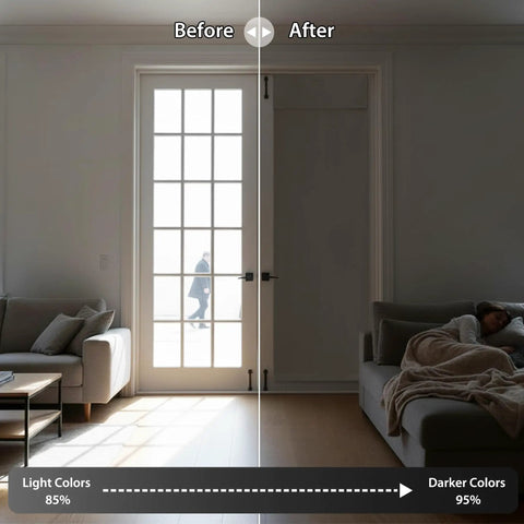 Privacy French Door Curtain Panel For Patio And Front Doors No Drill Easy Install Room Darkening Tie Up Shade With Strong Adhesive Straps W26 By L69 Inches Sand Color installed on a door, showing before and after light blocking effect in living room.