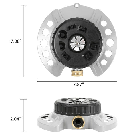 Nine Pattern Turret Lawn Sprinkler With Heavy Duty Metal Base Ideal For Small To Medium Yards And Irregular Shaped Lawns Adjustable Coverage Up To 1022 Sq Ft Garden Sprinkler For Lawns Beds And Corners, front and side views showing dimensions.