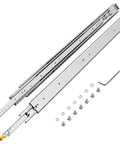 Sturdy Heavy Duty Drawer Slides 48 Inch With Lock, 500 Lbs Capacity, Industrial Ball Bearing Rails, Three Fold Full Extension, Side Mount, Rust Resistant Electroplated Finish viewed from above with accessories.