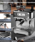 Top Shelf Espresso Machine With Integrated Grinder And Auto Milk Frother For Home Baristas Craving That Straight Up Cafe Kick Featuring A Super Clear Lcd Display And Durable Stainless Steel Chassis For Zero Hassle Morning Brews showing top cup holder, steam wand, and removable water tank.