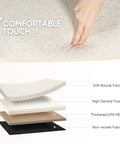 Material layers of Go To Storage Ottoman with Cozy Sherpa Lining showing soft boucle fabric, foam, MDF, and non-woven fabric.