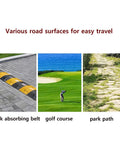 Slick Six Wheel Electric Golf Cart on various road surfaces, including brick, golf course, and park path for easy travel.