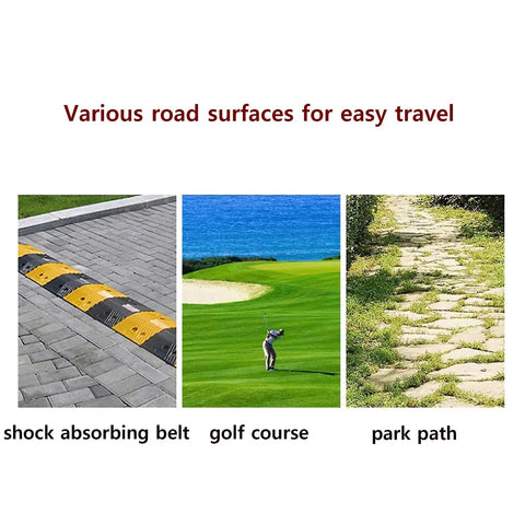 Slick Six Wheel Electric Golf Cart on various road surfaces, including brick, golf course, and park path for easy travel.