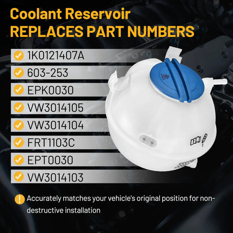 Engine Coolant Reservoir Tank 1K0121407A Replacement with part numbers and features list for VW and Audi vehicles