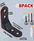Badass Heavy Duty L Brackets With Full Screw Kit, Top Quality Black Coated Steel For Shelves And Cabinetry, 2 Inch Size, showing 8 pack with dimensions.