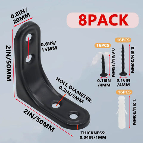 Badass Heavy Duty L Brackets With Full Screw Kit, Top Quality Black Coated Steel For Shelves And Cabinetry, 2 Inch Size, showing 8 pack with dimensions.