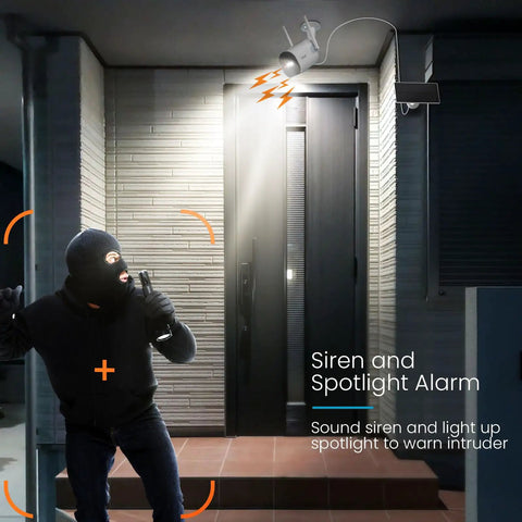 Wireless Outdoor Security Camera With 2K Solar Power, Spotlight And Siren, AI Motion Detection highlighting intruder at night