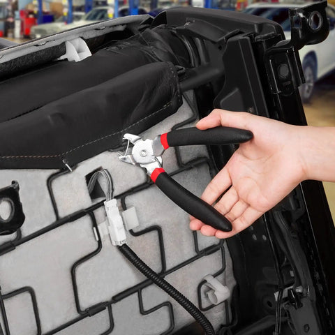 Angled Hog Ring Pliers Kit With 360 Pcs Hog Rings In 3/4 1/2 And 3/8 Inch Galvanized Steel Spring Loaded A3 for automotive upholstery repair.