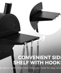 Close-up of side shelf with hooks on 28 Inch Barrel Charcoal Grill With Warming Rack And 626 Sq In Of Cooking Space, black