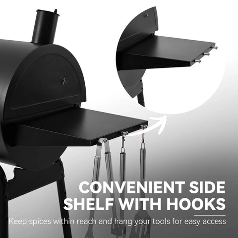 Close-up of side shelf with hooks on 28 Inch Barrel Charcoal Grill With Warming Rack And 626 Sq In Of Cooking Space, black