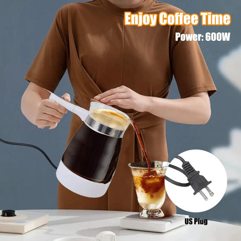 Person pouring coffee from 600 Ml Electric Turkish Coffee Maker For Home Use With Removable Anti Scald Handle, 600W Fast Brew Coffee Pot In Glass And Stainless Steel into a glass