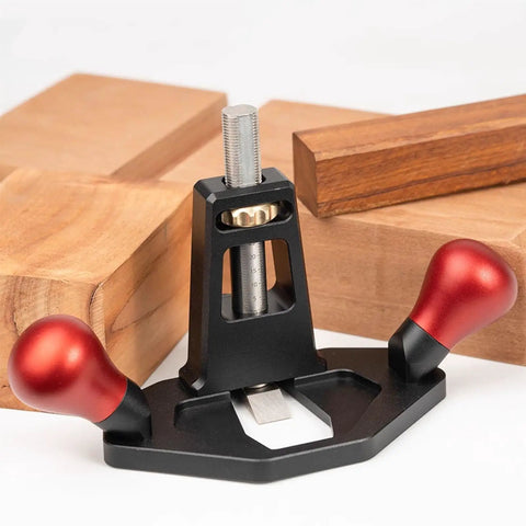Tough As Nails Handheld Router Plane Featuring Adjustable Stainless Steel And Ebony Blades showing durable aluminum base and red handles.