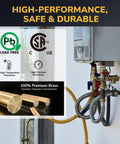 Built Tough Tankless Water Heater Service Valve Kit With Three Quarter Inch IPS Isolator Set Including Integrated Pressure Relief and Snappy Hot Cold Shut Off Levers Forged From Solid Lead Free Brass For Quick Upkeep On Top Plumbing Brands - Safety certifications and brass components shown.