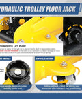 Hydraulic Trolley Floor Jack, Yellow Steel, Two Ton Floor Jack With Jack Stands Set, Highlighting Large Saddle and Casters