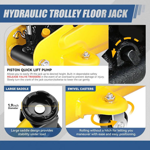 Hydraulic Trolley Floor Jack, Yellow Steel, Two Ton Floor Jack With Jack Stands Set, Highlighting Large Saddle and Casters