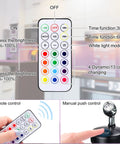 Remote control functions for Six Battery Operated Wireless LED Spotlight Kit Indoor With 13 Color Up Lights shown with manual push control.
