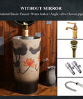 Slick Handmade Vessel Sink For Bathroom With Faucet And Drain Hole Indoor Outdoor Use Overflow Protection showing pedestal basin with decorative flowers.