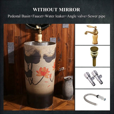 Slick Handmade Vessel Sink For Bathroom With Faucet And Drain Hole Indoor Outdoor Use Overflow Protection showing pedestal basin with decorative flowers.