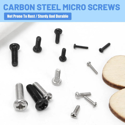 Built Tough Black Carbon Steel Phillips Pan Head Machine Screws 1200 Piece Heavy Duty Tiny Bolt Assortment on white background.