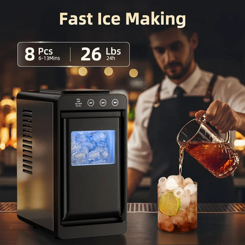 Portable Ice Maker With Self Cleaning Function 8 Cubes In 6 Minutes 26 Lbs Per Day Countertop Ice Machine For Home Kitchen RV Travel On The Go Matte Black on kitchen counter with bartender pouring drink.