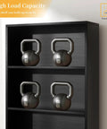 Six Tier Open Bookcase Shelf Stand For Home Office And Living Room 70 Inch Tall displaying kettlebells on black shelves