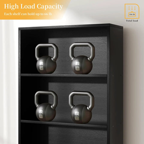 Six Tier Open Bookcase Shelf Stand For Home Office And Living Room 70 Inch Tall displaying kettlebells on black shelves