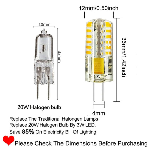 Image showing size comparison between 20W halogen bulb and G4 LED Bulbs 10 Pack, BiPin Base 3W 12V AC DC Landscape Light Replacement, Warm White 3000K.