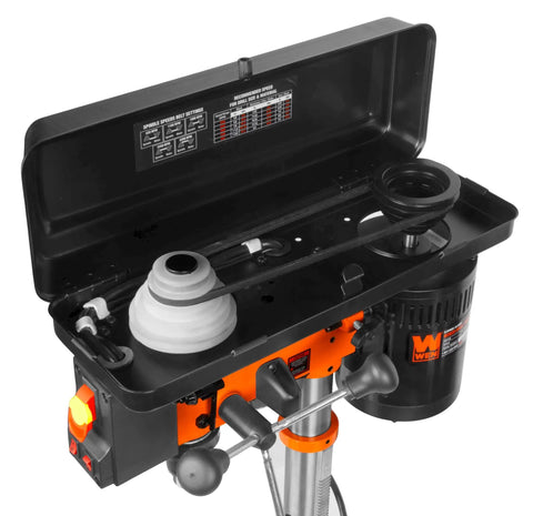 Top view of the 10 Inch Benchtop Drill Press With Laser Guide And LED Work Light, 6.2 Amp Motor, Cast Iron Construction, 5 Speed Belt Drive
