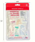 Front view of the Essential International Travel Medicine Kit For On The Go Travelers Ultra Lightweight Grab And Go Ready 48 OTC Medications TSA Approved Compact All In One Medical Supply For Global Trips, showing packaging dimensions and contents.
