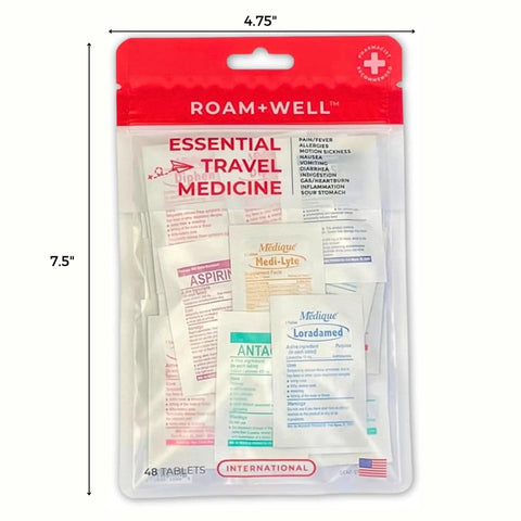 Front view of the Essential International Travel Medicine Kit For On The Go Travelers Ultra Lightweight Grab And Go Ready 48 OTC Medications TSA Approved Compact All In One Medical Supply For Global Trips, showing packaging dimensions and contents.